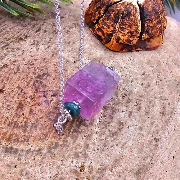 Nature Fluorite Carved Fret Symbols Cube Pendant Necklace - Picture 10 of 10
